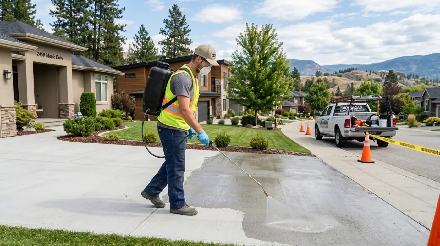 A pro applying concrete sealer to a driveway in Kelowna